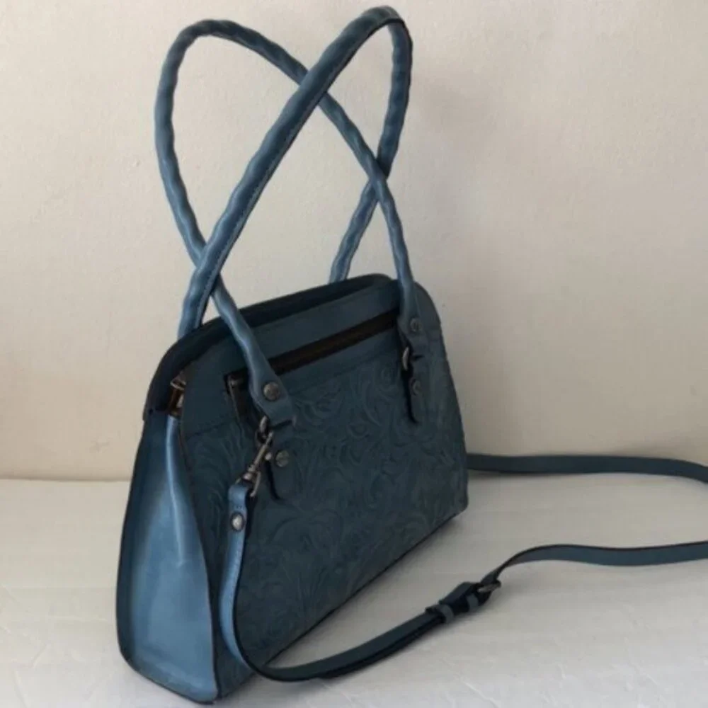 PATRICIA NASH LEATHER CALVI TOOLED FLORAL SATCHEL CROSSBODY SAFFLOWER BLUE